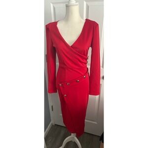 Chic Red Midi Dress Blazer Gold Buttons small Wrap V Neck‎ Long Sleeve Women
